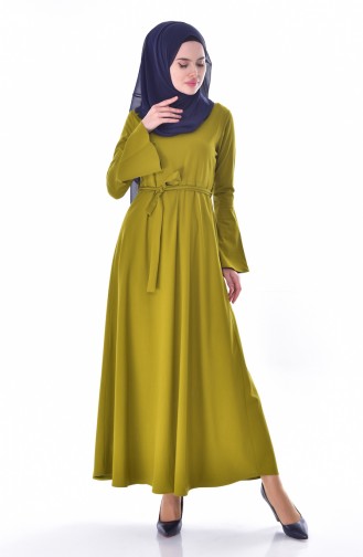 Kolu Volanlı Kuşaklı Elbise 4495-05 Yağ Yeşili
