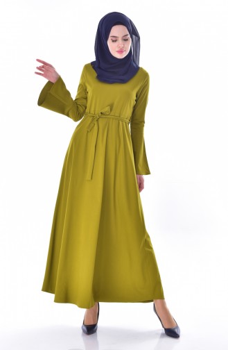 Kolu Volanlı Kuşaklı Elbise 4495-05 Yağ Yeşili