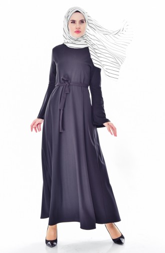 Kolu Volanlı Kuşaklı Elbise 4495-01 Siyah