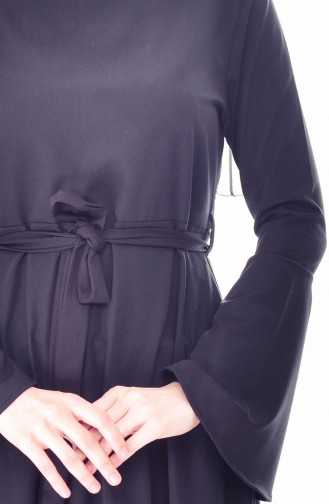 Kolu Volanlı Kuşaklı Elbise 4495-01 Siyah