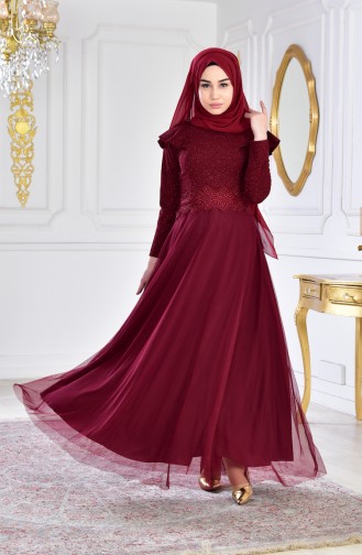 Claret Red Hijab Evening Dress 2585-01