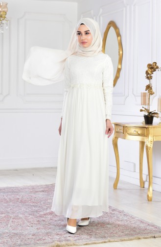 Ecru Hijab Evening Dress 60705-03