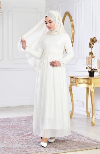 Ecru Hijab Evening Dress 60705-03