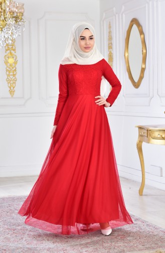 Dantelli Şifon Abiye Elbise 3456-03 Kırmızı