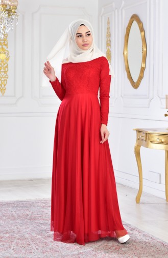 Dantelli Şifon Abiye Elbise 3456-03 Kırmızı