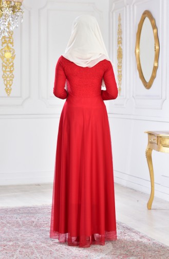 فستان سهرة شيفون بتفاصيل من الدانتيل 3456-03 لون احمر 3456-03