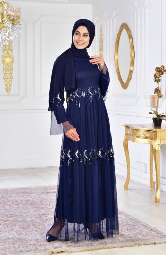 Navy Blue Hijab Evening Dress 1054-03