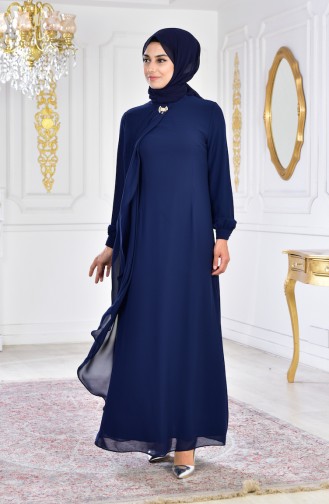 Navy Blue Hijab Evening Dress 8585-02