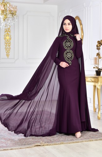 Pelerinli Abiye Elbise 6033-06 Mor