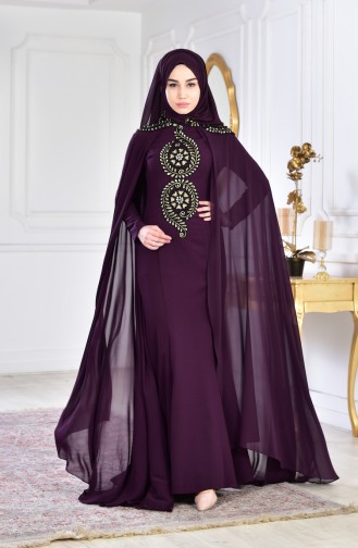 Pelerinli Abiye Elbise 6033-06 Mor