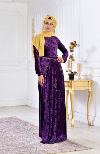 Stone Printed Velvet Dress 28216-04 Purple 28216-04