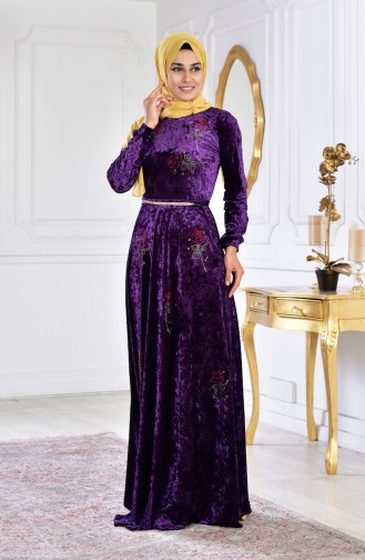 Stone Printed Velvet Dress 28216-04 Purple 28216-04