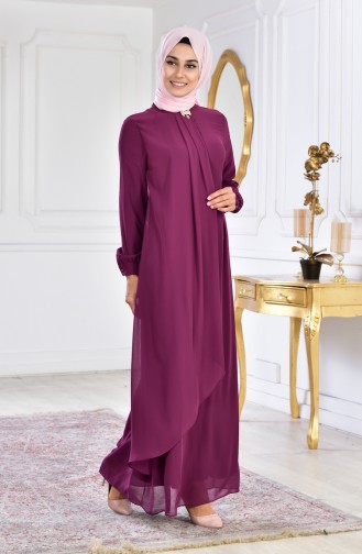 Plum Hijab Evening Dress 8585-04