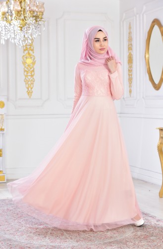 Powder Hijab Evening Dress 3456-02
