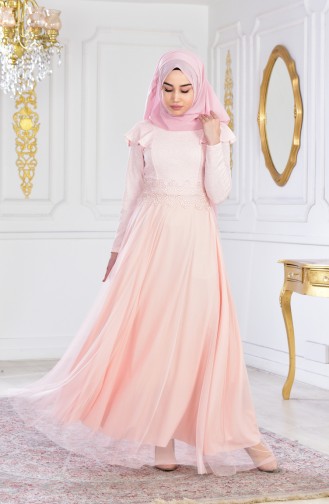 Powder Hijab Evening Dress 2585-03