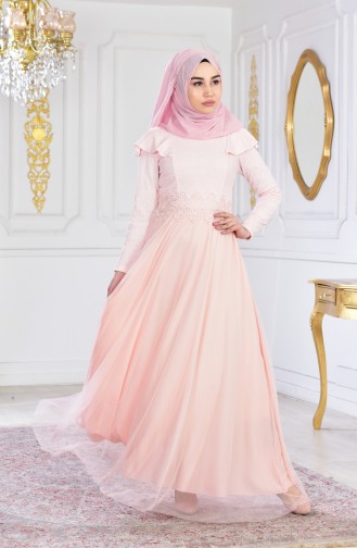 Powder Hijab Evening Dress 2585-03