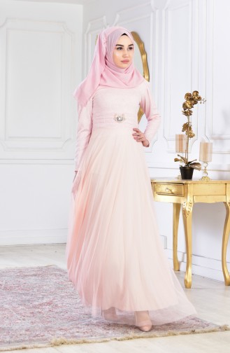 Powder Hijab Evening Dress 2586-03
