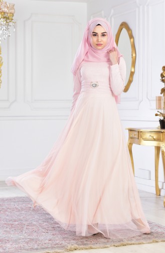 Powder Hijab Evening Dress 2586-03