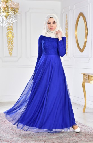 Saks-Blau Hijab-Abendkleider 3456-04