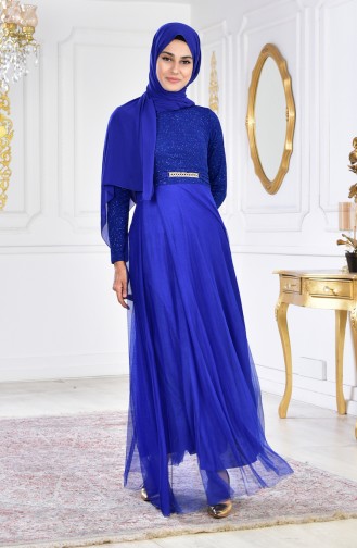 Robe de Soirée a Paillettes et Broche 2539-01 Bleu Roi 2539-01