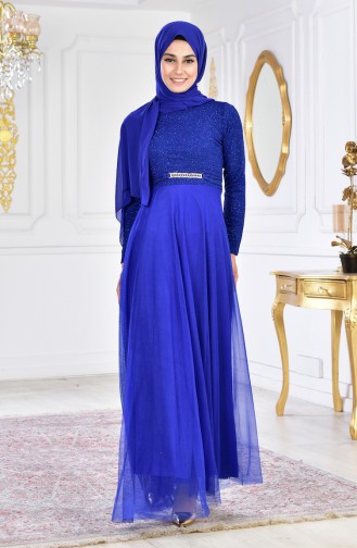 Robe de Soirée a Paillettes et Broche 2539-01 Bleu Roi 2539-01