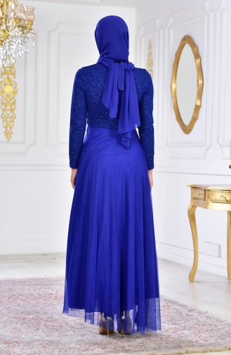 Robe de Soirée a Paillettes et Broche 2539-01 Bleu Roi 2539-01