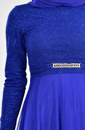 Robe de Soirée a Paillettes et Broche 2539-01 Bleu Roi 2539-01