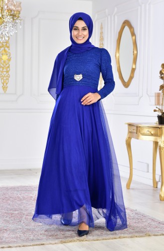 Robe de Soirée avec Broche 2586-02 Bleu Roi 2586-02