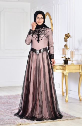 Robe de Soirée Bordée a Paillettes 701091-01 Poudre Noir 701091-01