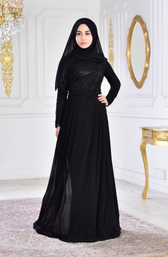 Robe de Soirée Perlées a Dentelle 26690-01 Noir 26690-01