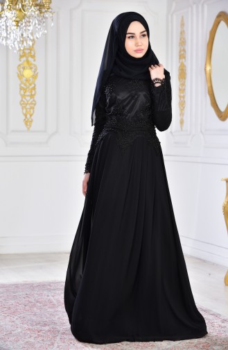 Robe de Soirée Perlées a Dentelle 26690-01 Noir 26690-01