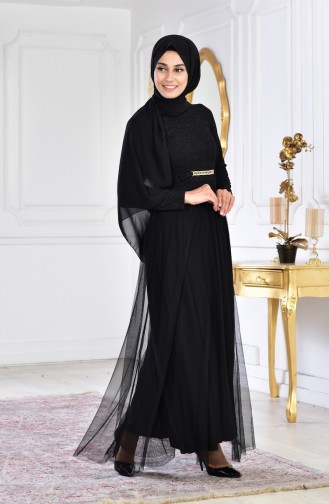 Robe de Soirée a Paillettes et Broche 2539-02 Noir 2539-02