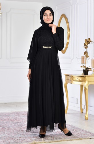 Robe de Soirée a Paillettes et Broche 2539-02 Noir 2539-02