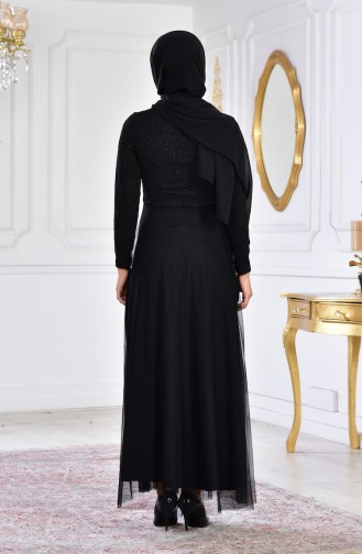 Robe de Soirée a Paillettes et Broche 2539-02 Noir 2539-02