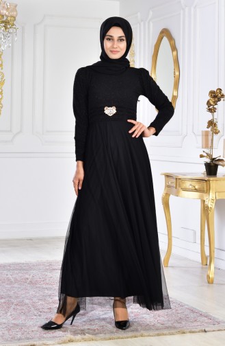 Robe de Soirée avec Broche 2586-01 Noir 2586-01