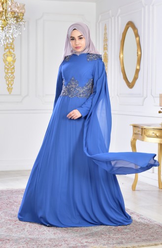 Robe de Soirée Bordée a Dentelle 0102A-05 İndigo 0102A-05