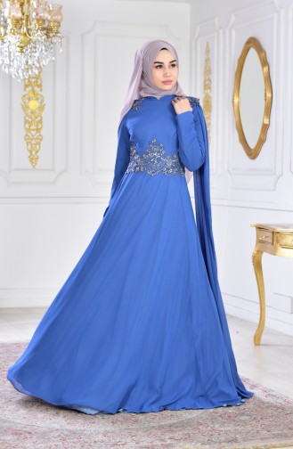 Robe de Soirée Bordée a Dentelle 0102A-05 İndigo 0102A-05