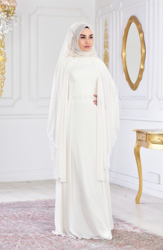 Ecru Hijab Evening Dress 1002-04