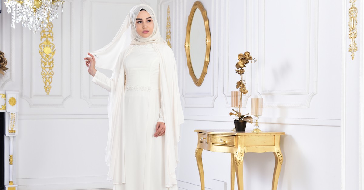 Ecru Hijab Evening Dress 1002-04