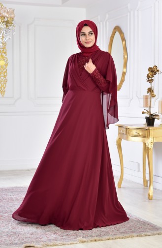 فستان سهرة بتفاصيل مُطرزة بالخرز 1009-04 لون خمري 1009-04