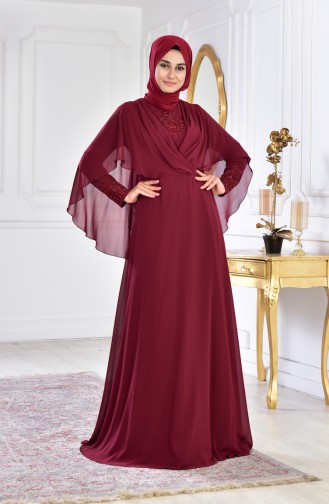 فستان سهرة بتفاصيل مُطرزة بالخرز 1009-04 لون خمري 1009-04