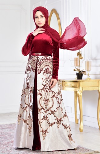 Claret Red Hijab Evening Dress 3014A-01