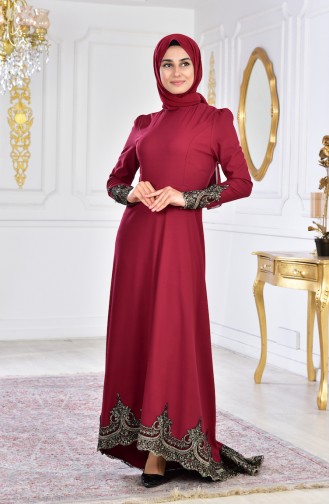 Claret Red Hijab Evening Dress 6124-08