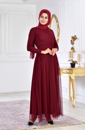 Nervürlü Abiye Elbise 2592-01 Bordo 2592-01