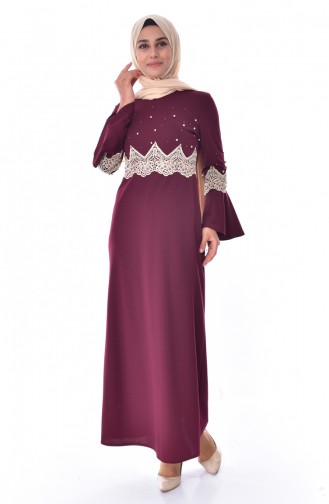 Pearl Detailed Dress 3532-04 Claret Red 3532-04