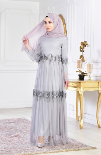 Gray Hijab Evening Dress 1054-02