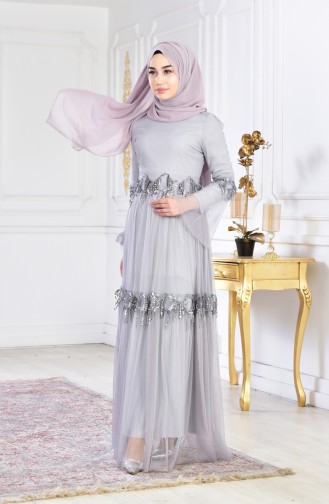 Payetli Abiye Elbise 1054-02 Gri