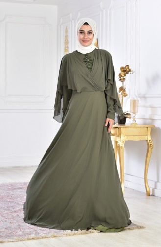 ففستان سهرة بتفاصيل مُطرزة بالخرز 1009-02 لون أخضر كاكي 1009-02