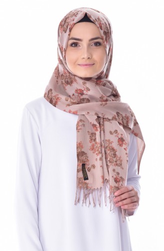 Flower Patterned Pashmina Shawl 19041-12 Mink Khaki 19041-12