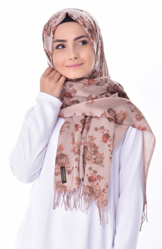 Flower Patterned Pashmina Shawl 19041-12 Mink Khaki 19041-12